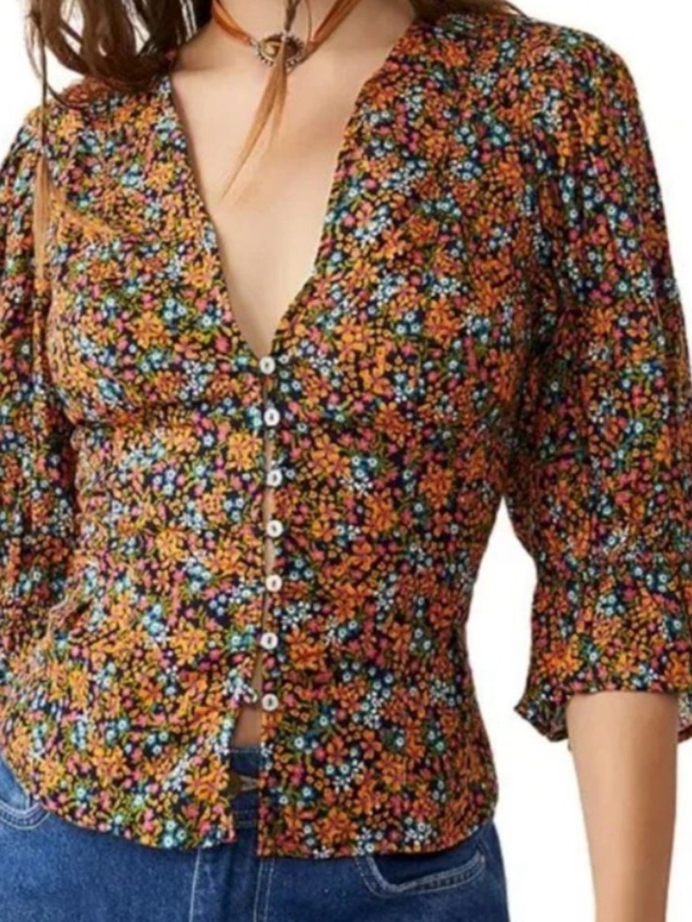 Free People Women’s Blouse “I Found You” Floral Button-Front Top  Orange Navy